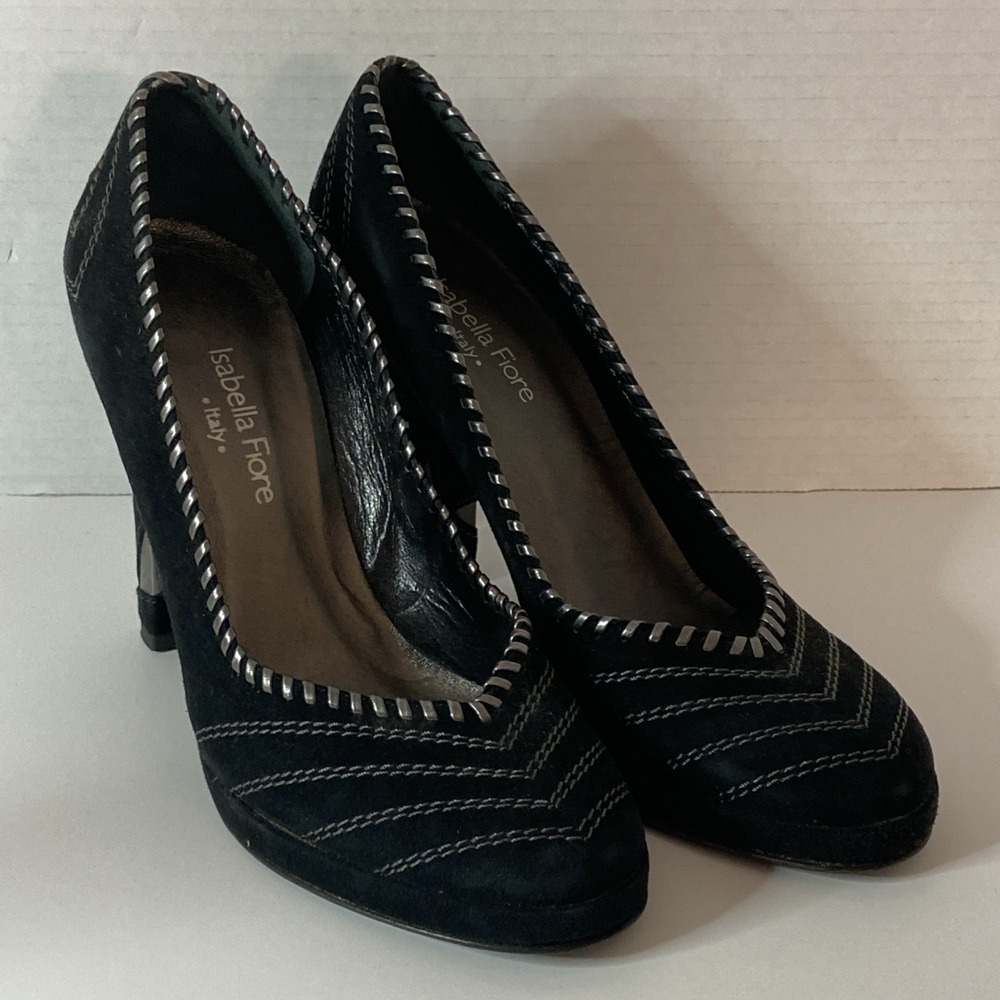 Vintage Isabella Fiore Summon Suede Heels Size 7 Black Gray Italian Leather NWOB